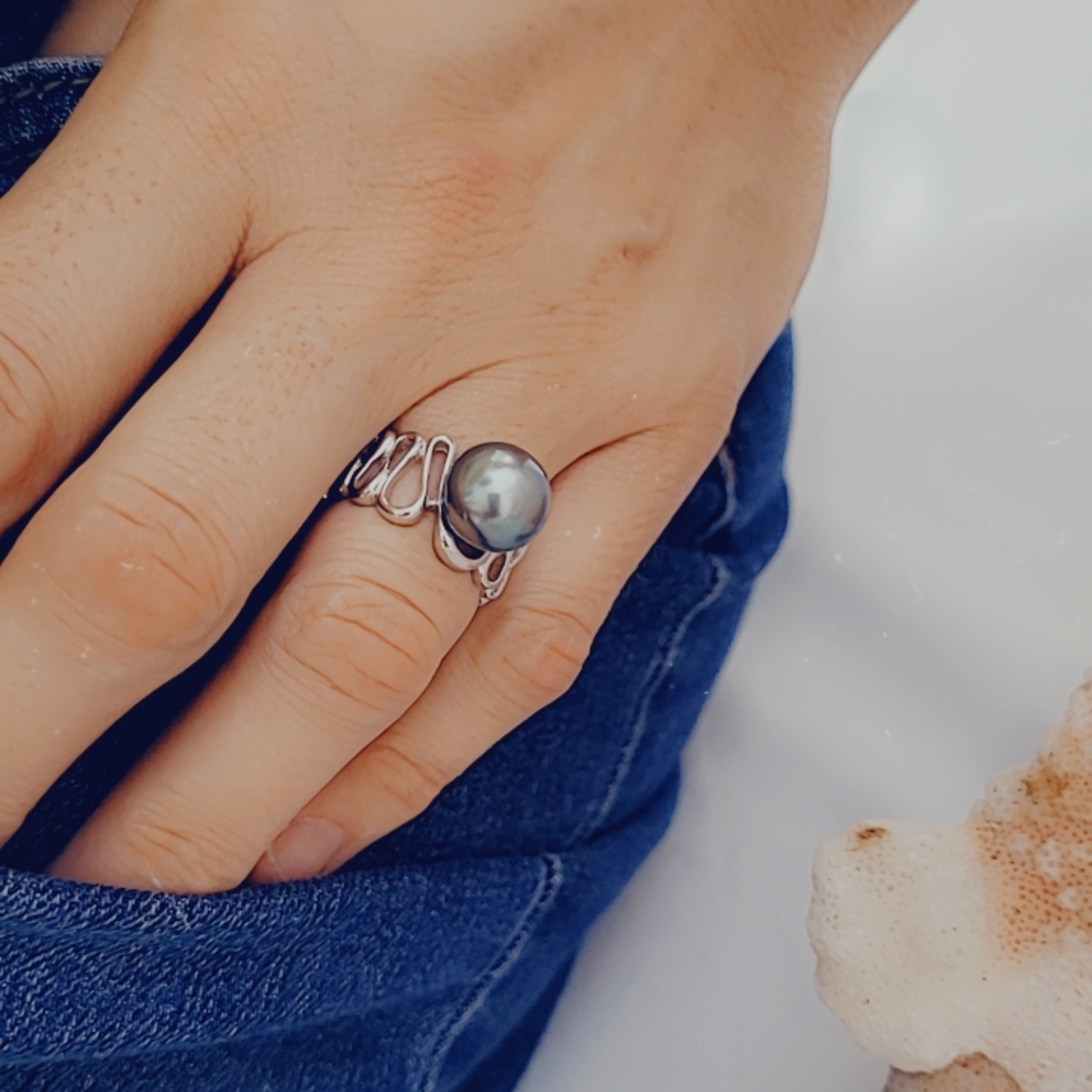 Bague argent 925 arabesque et perle de Tahiti – Image 5