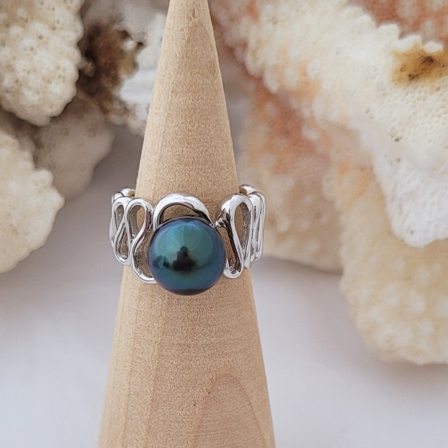 Bague argent 925 arabesque et perle de Tahiti