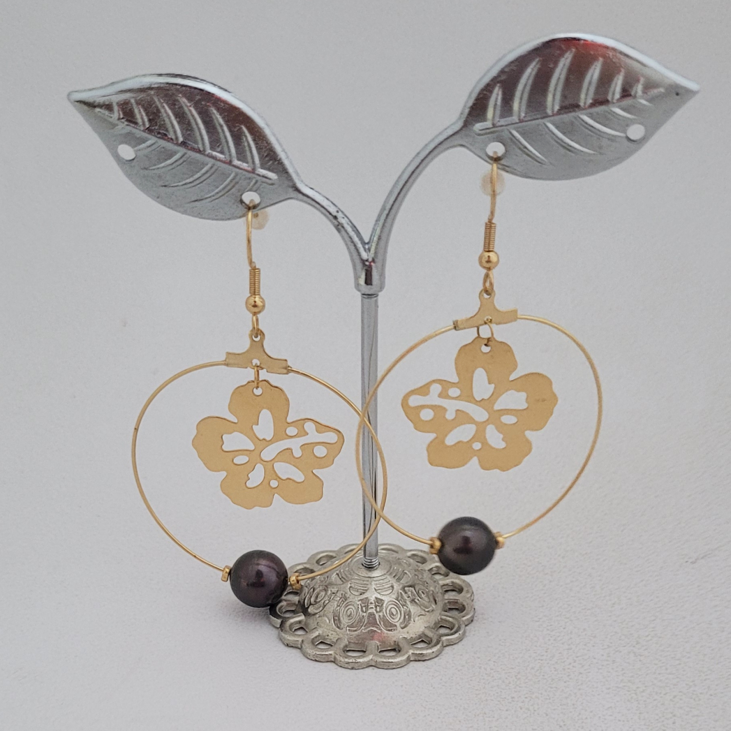 Créoles "hibiscus" avec perle de Tahiti – Image 2