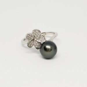 Bague argent 925 fleur de Zircons et perle de Tahiti