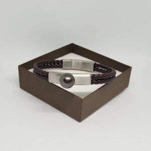 Bracelet en cuir marron tressé avec perle de Tahiti