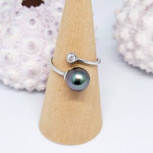 Bague argent 925 ouverte avec Zircon rond et perle de Tahiti