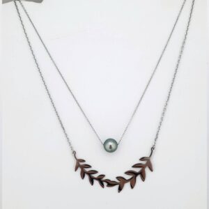 Collier double rangs laurier et perle de Tahiti