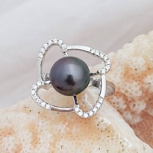 Bague argent 925 "pétales" avec Zircons et perle de Tahiti