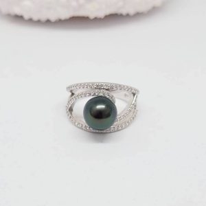 bague argent Zircons et perle de Tahiti
