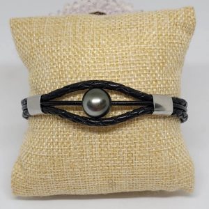 Bracelet en cuir 3 rangs avec perle de Tahiti - noir
